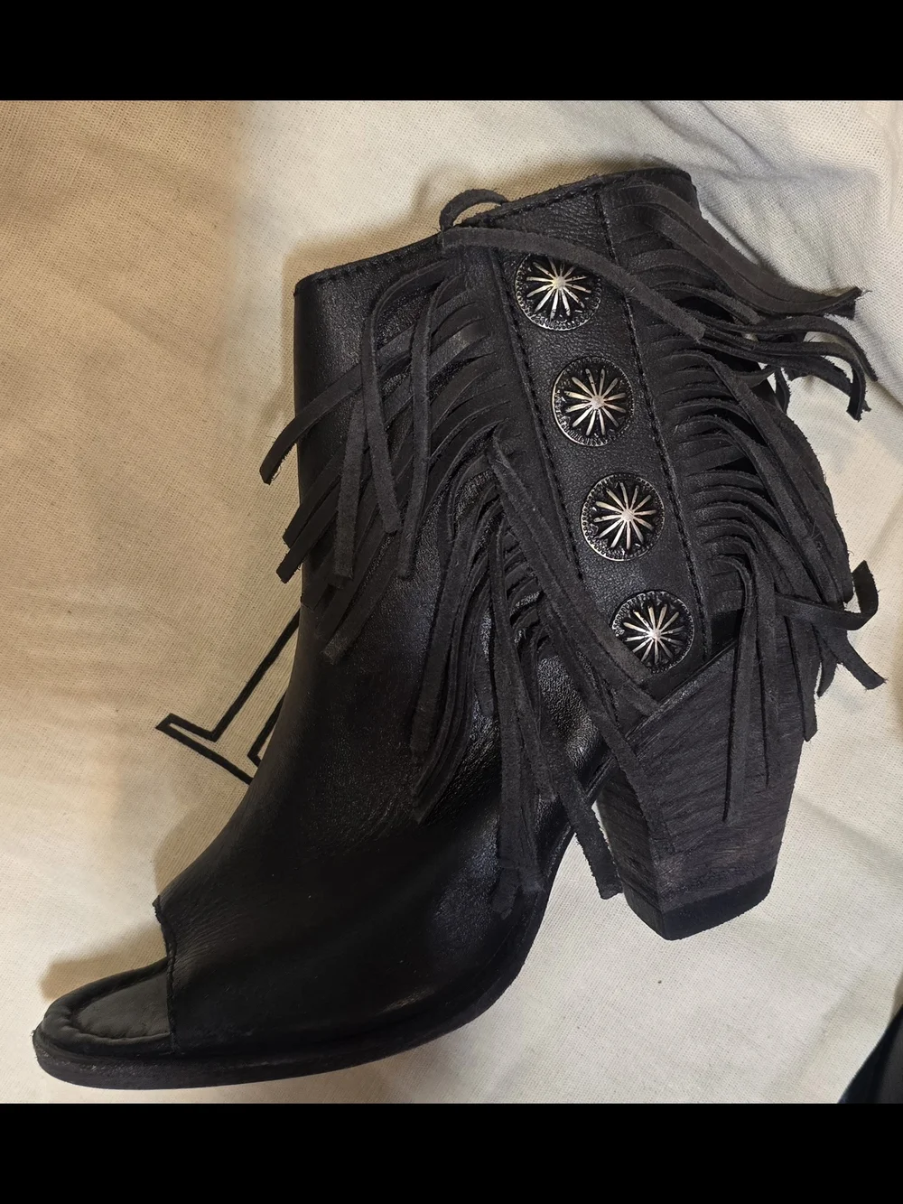 Liberty Black Womens Open Toe Fringe Concho Ankle Booties Black Leather Western